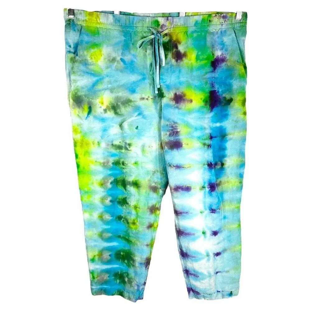HM XL‎ Pants Dreaming Blue Tie Dye Handmade Blue Green Linen Cropped Pockets 689